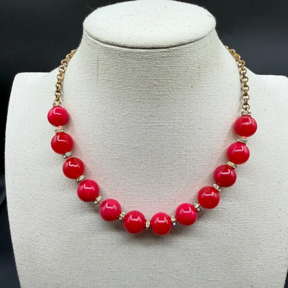 Red Bead Statement Necklace Gold Tone Chain Rhinestone Spacers Chunky Jewelry